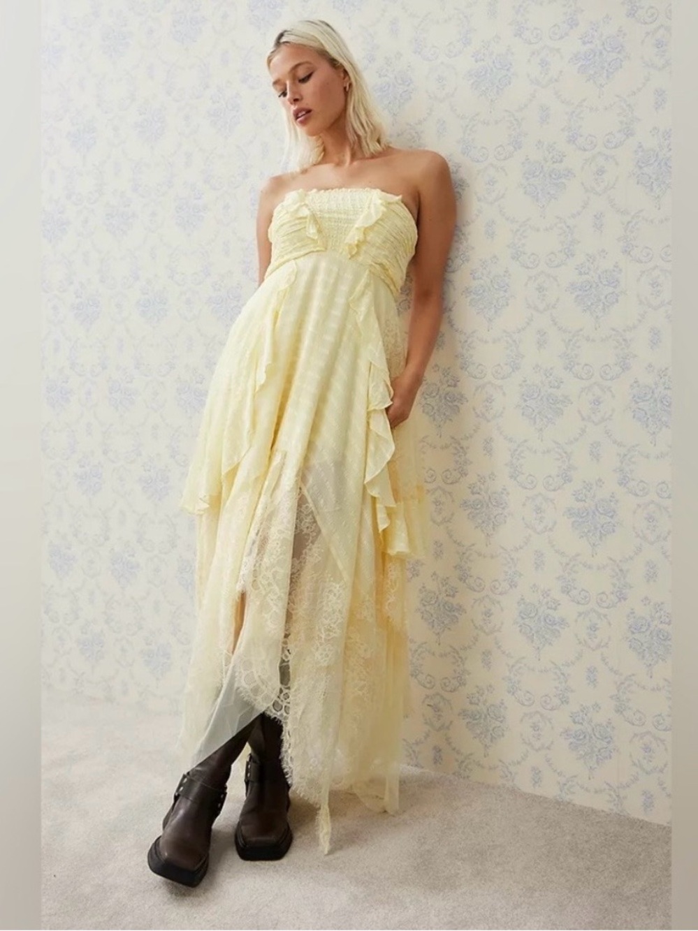 Free People Bliss Lace Kerchief Hem Strapless Maxi Dress Yellow Size Large - Picture 3 of 16